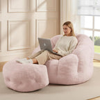 Pink Flower Bean Bag Chair with Ottoman, Fuax Fur Comfy Reading Chair for Bedroom, Fluffy Plush Floor Lazy Sofa for Living Room, Reading Nook