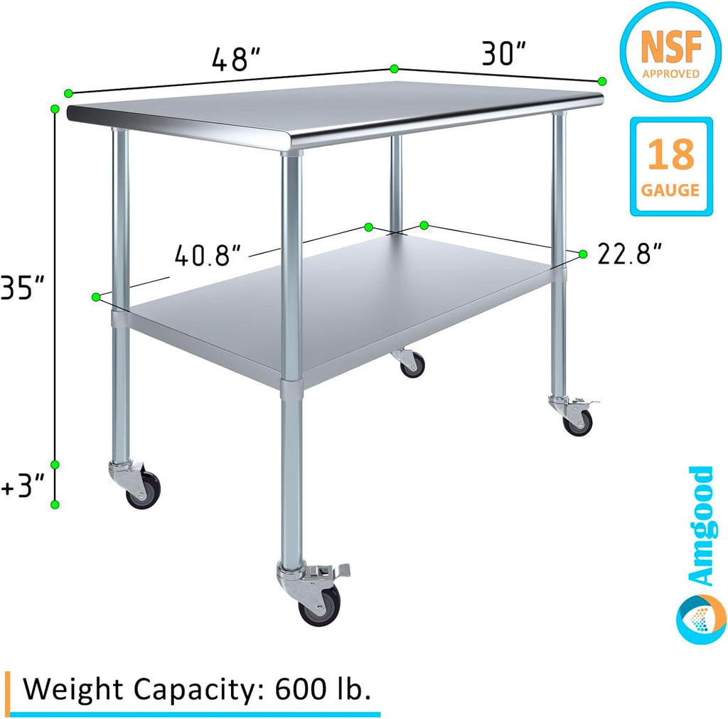 AmGood 30" x 48" Stainless Steel Work Table with Casters | Heavy Duty Metal Utility Table On Wheels | Kitchen Island Cart