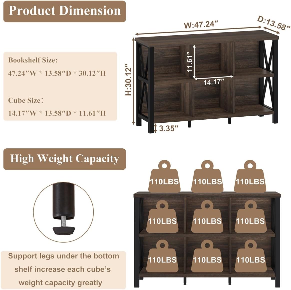 6 Cube Storage Organizer with Shelf, Short Horizontal Bookshelf for Living Room, Wood and Metal Cubby Bookcase, 47 Inch Industrial Low Book Shelf and Book Case (Dark Walnut)