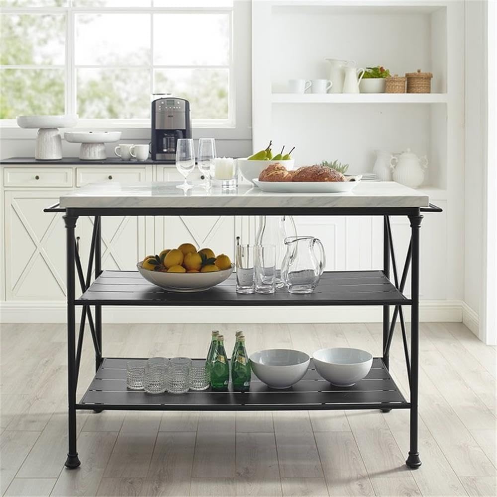 Pemberly Row Kitchen Island, Matte Black Steel Base, White Faux Marble Top, 5...