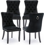 Velvet Upholstered Dining Chairs Set of 4, Modern Style Kitchen Side Chairs with Nailhead Trim and Wood Legs,Metal Pulling Ring for Dining Room Living Room(Black,Set of 4)