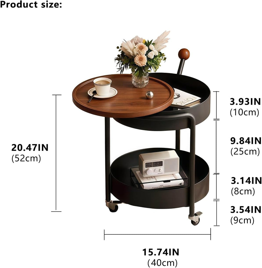 Mid-Century Modern Round Side Table, 2-Tier Mobile Sofa End Table with Rotata...
