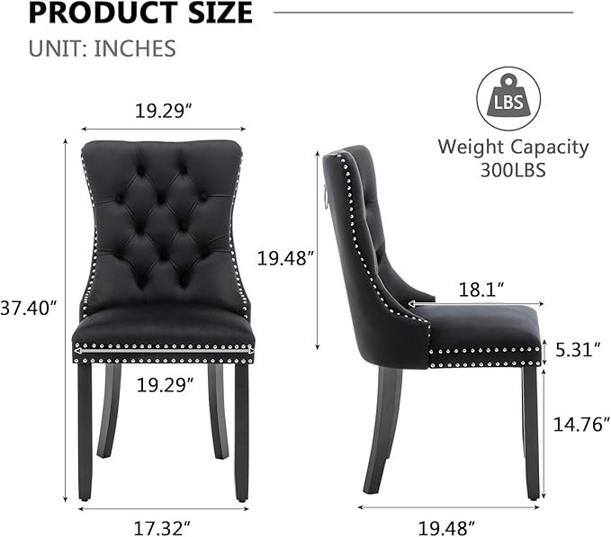 Velvet Dining Chairs Set of 2,Upholstered Dining Chairs with Ring Pull Trim and Button Back,Modern Seating for Kitchen, Bedroom & Living Room(Black)