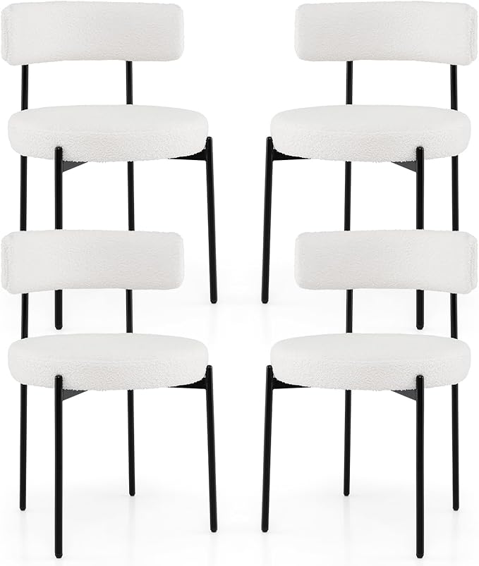 Giantex Sherpa Dining Chairs Set of 4, Upholstered Round Kitchen Chairs with Curved Backrest & Metal Legs, Modern Armless Side Chairs, White Boucle Accent Chairs for Dining Room, Living Room