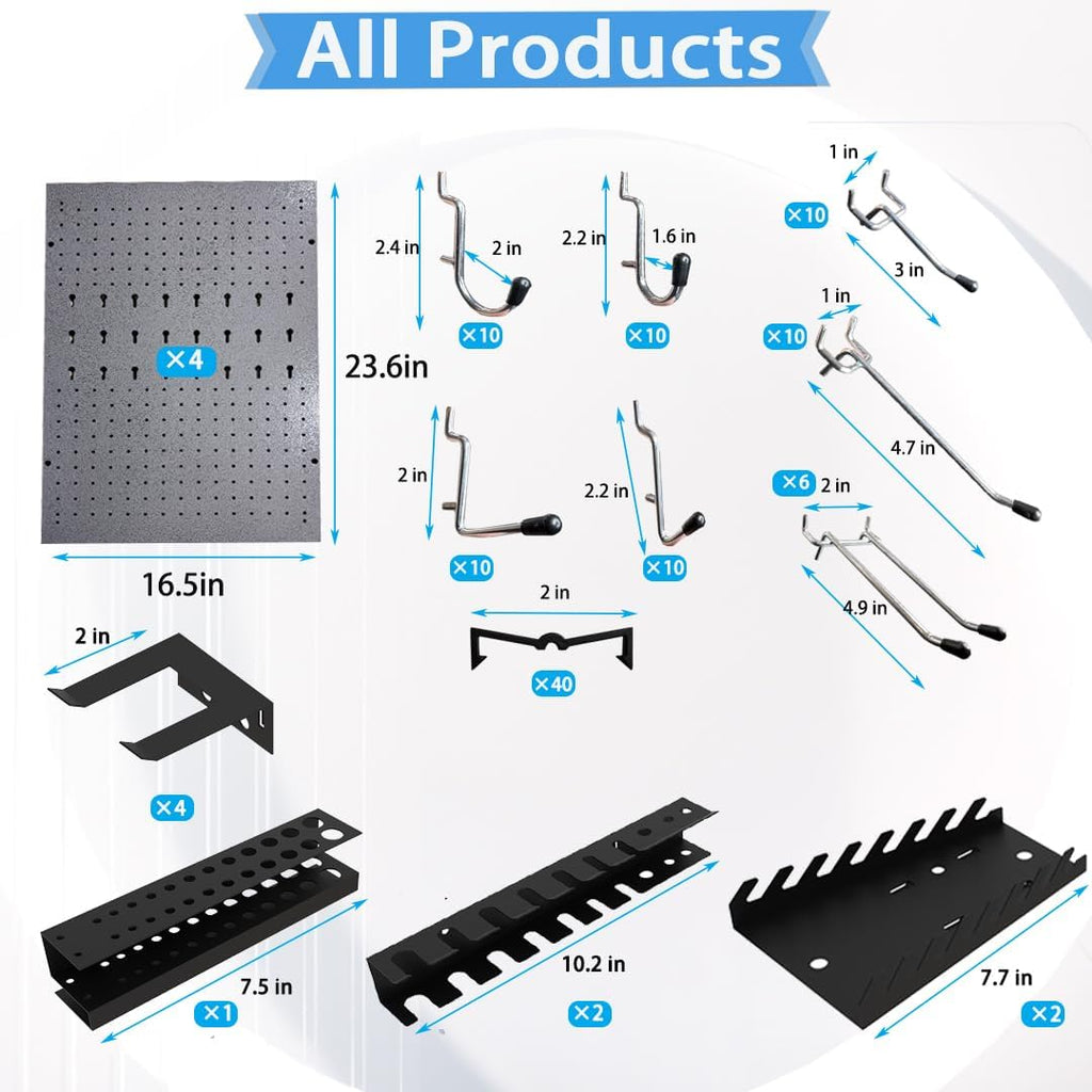 JZD 115 PCS Metal Pegboard Wall Organizer 4 Packs Metal Pegboard Kit 66x24 Inch Pegboard Panels Tool Organizer Kit with Accessories Hooks for Garage, Tool Storage,Craft Room