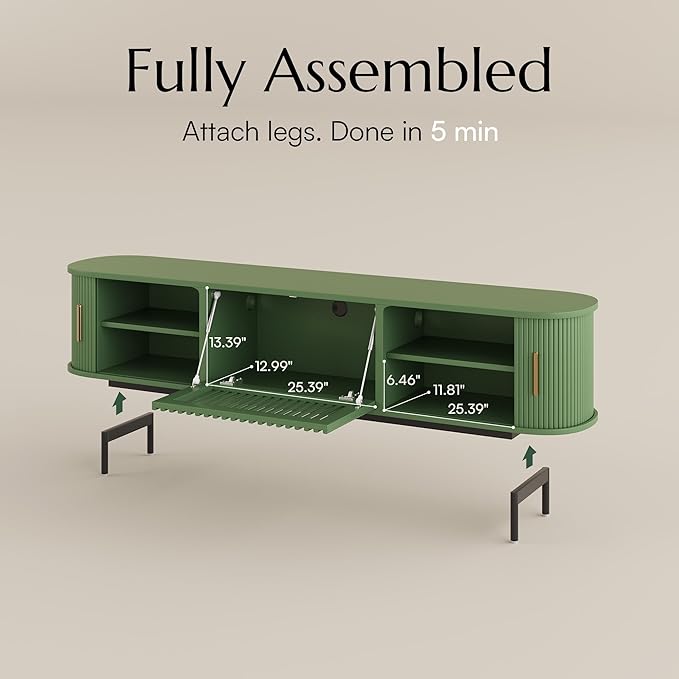 POVISON Fully-Assembled Modern Green TV Stand with Tambour Doors, Fluted TV M...