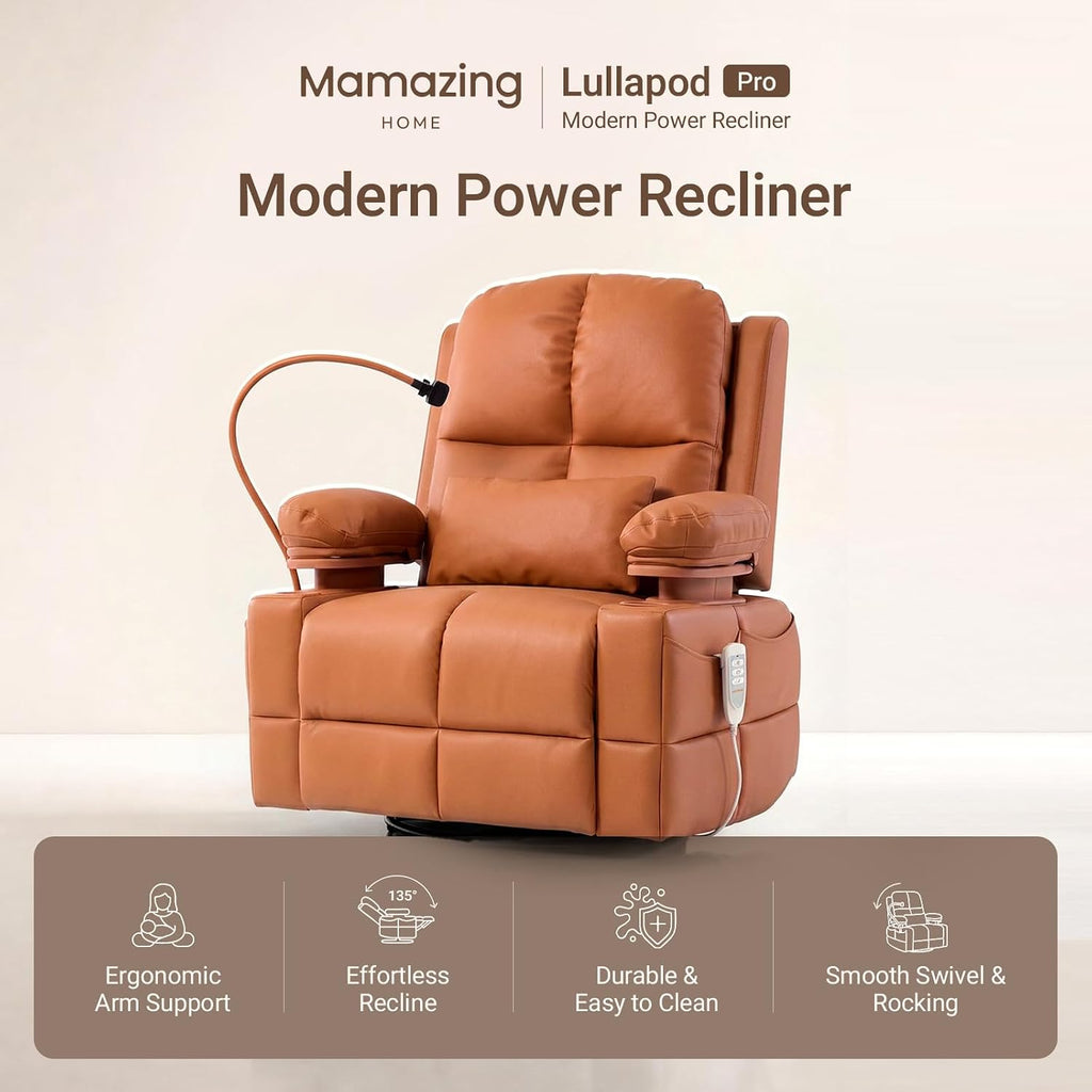 Triple Motor Power Swivel Rocker Recliner Chair with Adjustable Armrests for Adults, FSC Certified Faux Leather Rocking Chair for Living Room, Brown