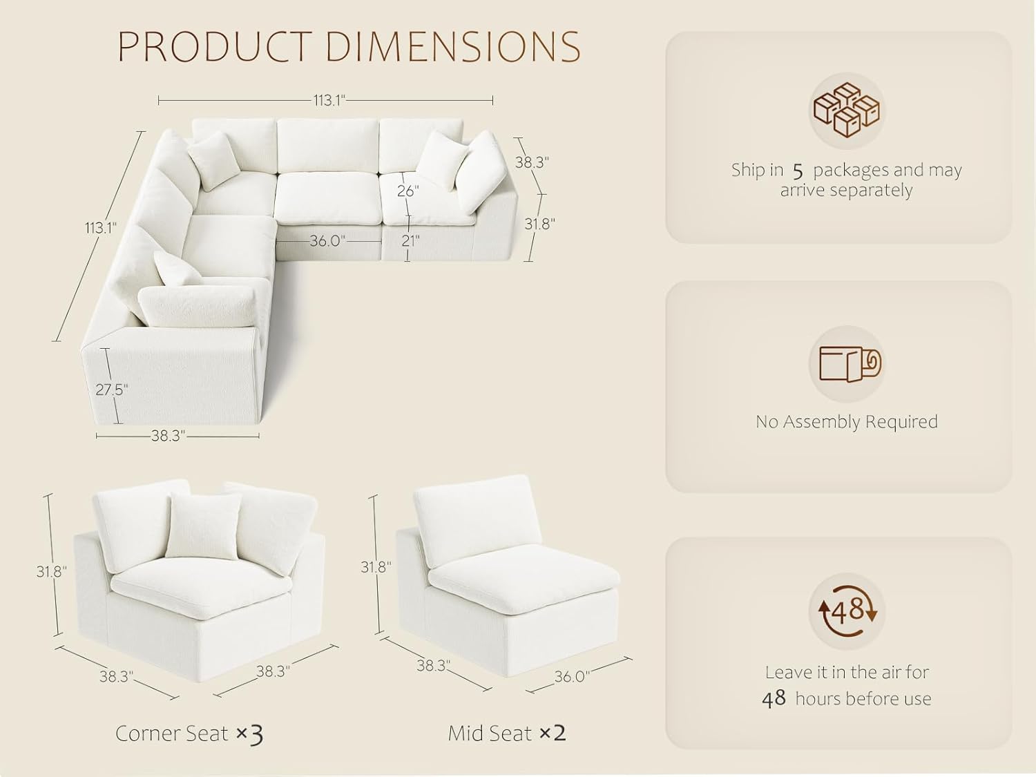 Oversized V Shaped Sectional Couches for Living Room丨5 Seater White Sectional Couch Chenille Fabric