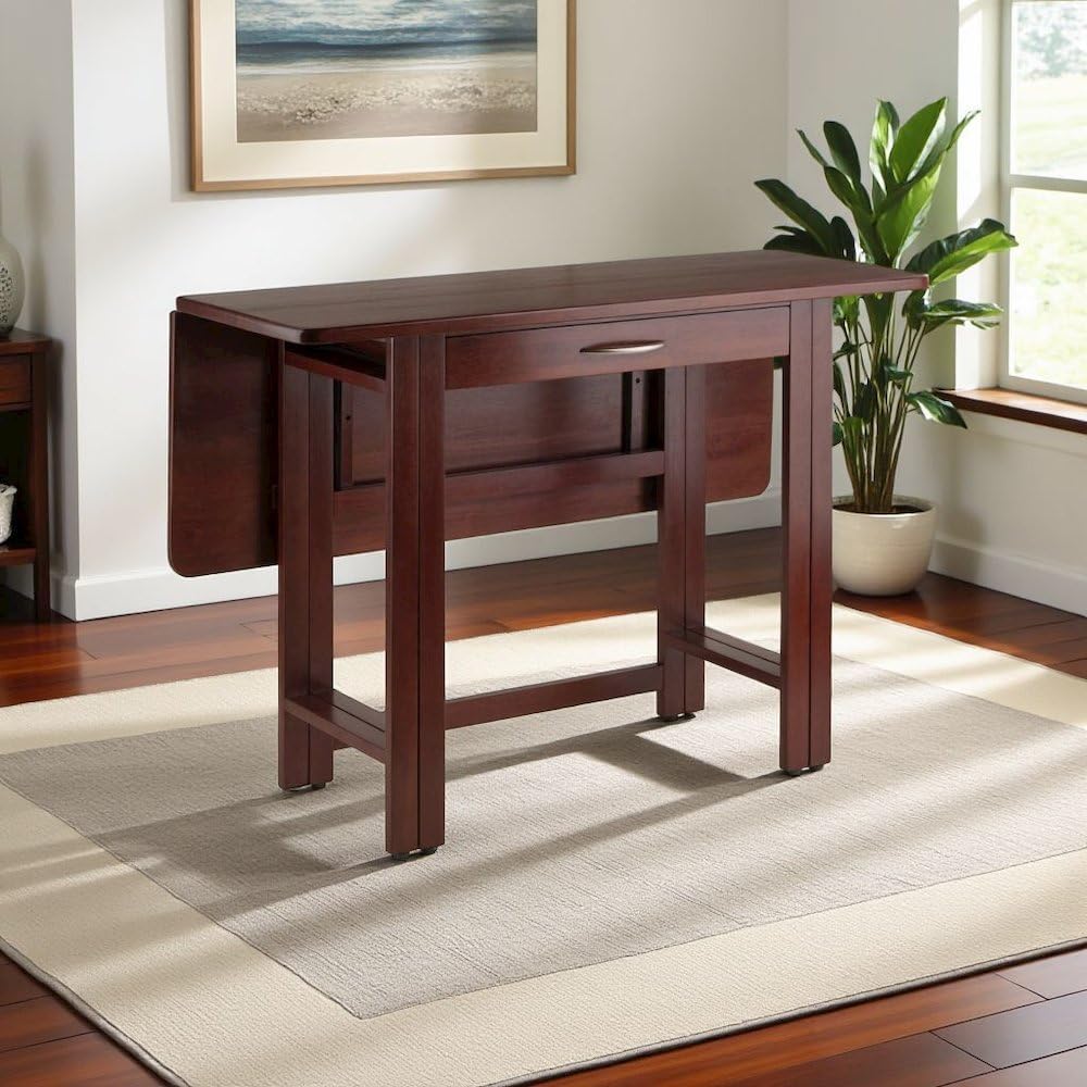 Furnifact Walnut Folding Dining Table – Compact Drop Leaf Table – Space-Savin...