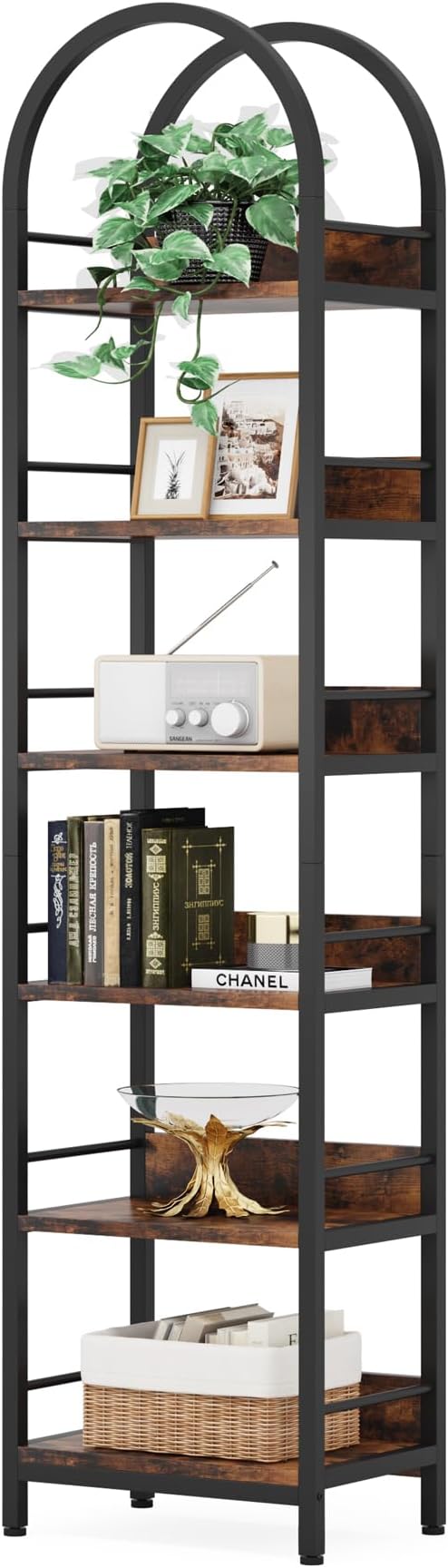 LITTLE TREE 78.7 Inches Tall Arched Bookshelf, 6 Tiers Skinny Open Bookcase w...