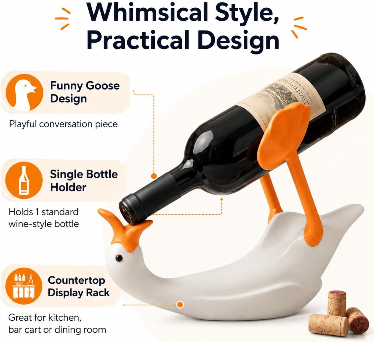 Goose Wine Bottle Holder, Funny Countertop Wine Rack Decor | Goose-shaped bottle holder, about 13 x 5.5 x 9.1 in, for countertop, bar cart, dining room or kitchen display.
