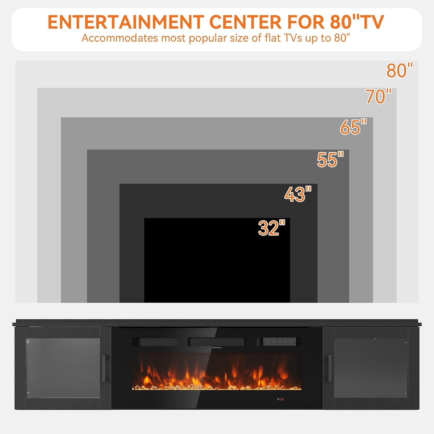 70" Floating TV Stand with 36" Electric Fireplace, Wall Mounted Fireplace Entertainment Center with Storage for TVs Up to 80",WI-FI Enable Fireplace TV Stand for Living Room,Black&Black