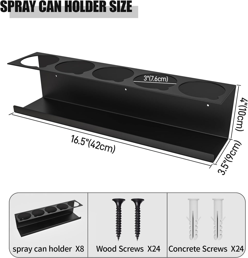 8 Pack Spray Bottle Holder Wall-Mounted, Aerosol Spray Can Holder Storage Rack, Heavy-Duty Paint Bottle Organizer with 40 Holes, Steel Black Spray Rack for Garage, Shop, Home or Tool Trailer