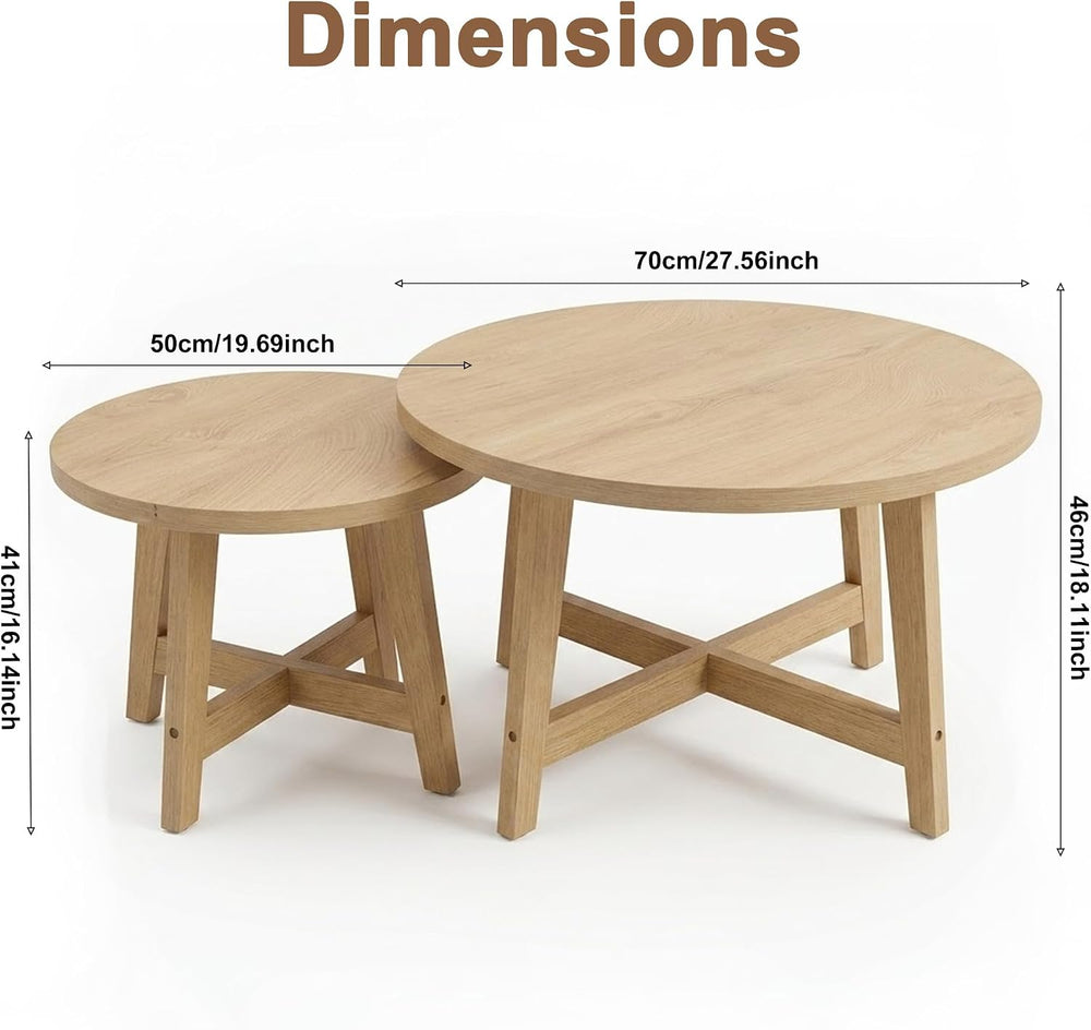 Round Nesting Coffee Tables, Set of 2, Natural Wood Finish Modern Side Tables...