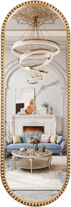 Oval Full Length Mirror, 20"x53" Metal Beaded Frame Large Hanging Dressing Floor Mirror for Bedroom, Living Room, Entryway, Antique Gold (No Stand)