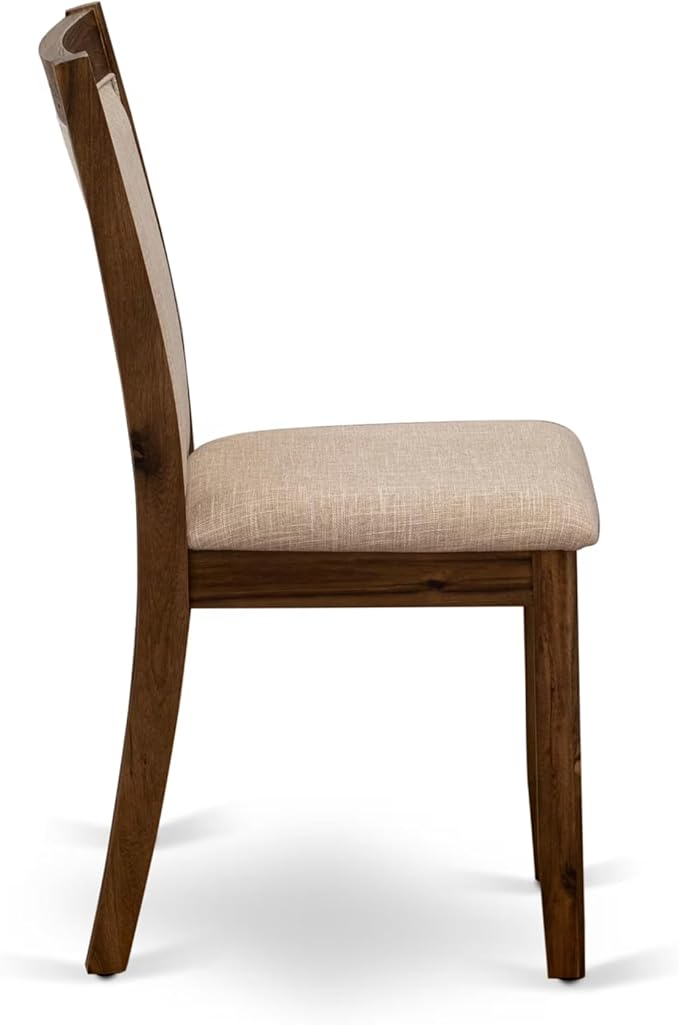 I7MZ7-50N-04 7-Pc Dining Set consists of a Pedestal Dining Table and 6 Light Tan Polyester Fabric Dining Chairs with Padded Back - Antique Walnut Finish