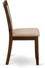 I7MZ7-50N-04 7-Pc Dining Set consists of a Pedestal Dining Table and 6 Light Tan Polyester Fabric Dining Chairs with Padded Back - Antique Walnut Finish
