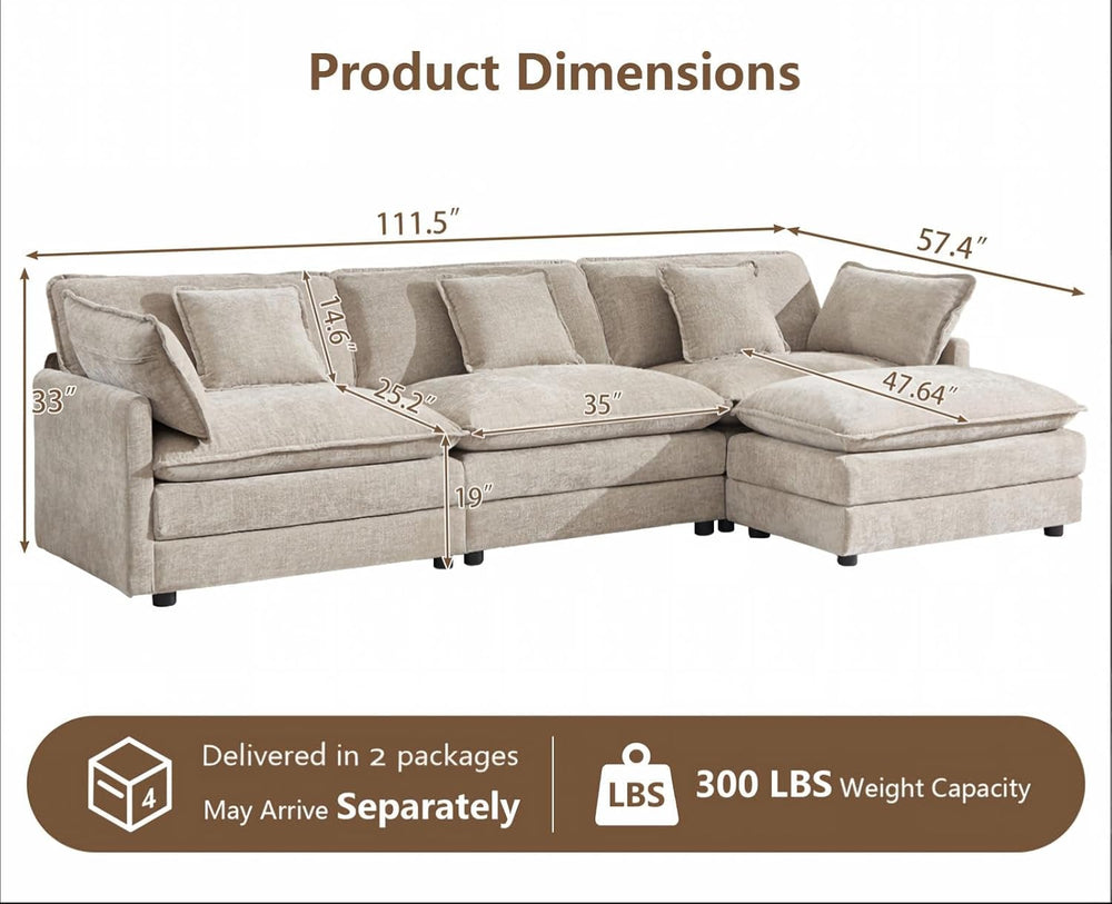 111.5” Modular Sectional Sofa, L Shaped Cloud Couch with Ottoman | Couches fo...
