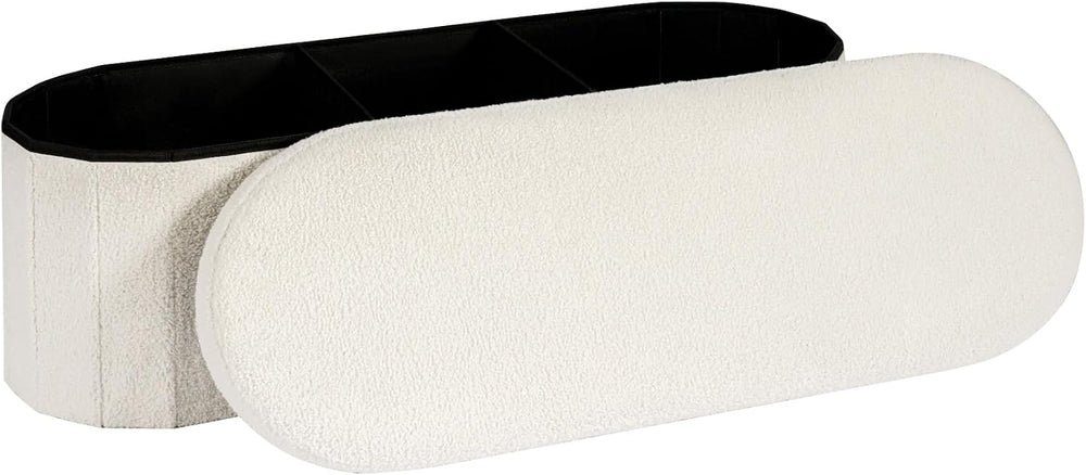 43.3 Inches Foldable Storage Ottoman Bench, Oval Footrest | Teddy Boucle Fabr...