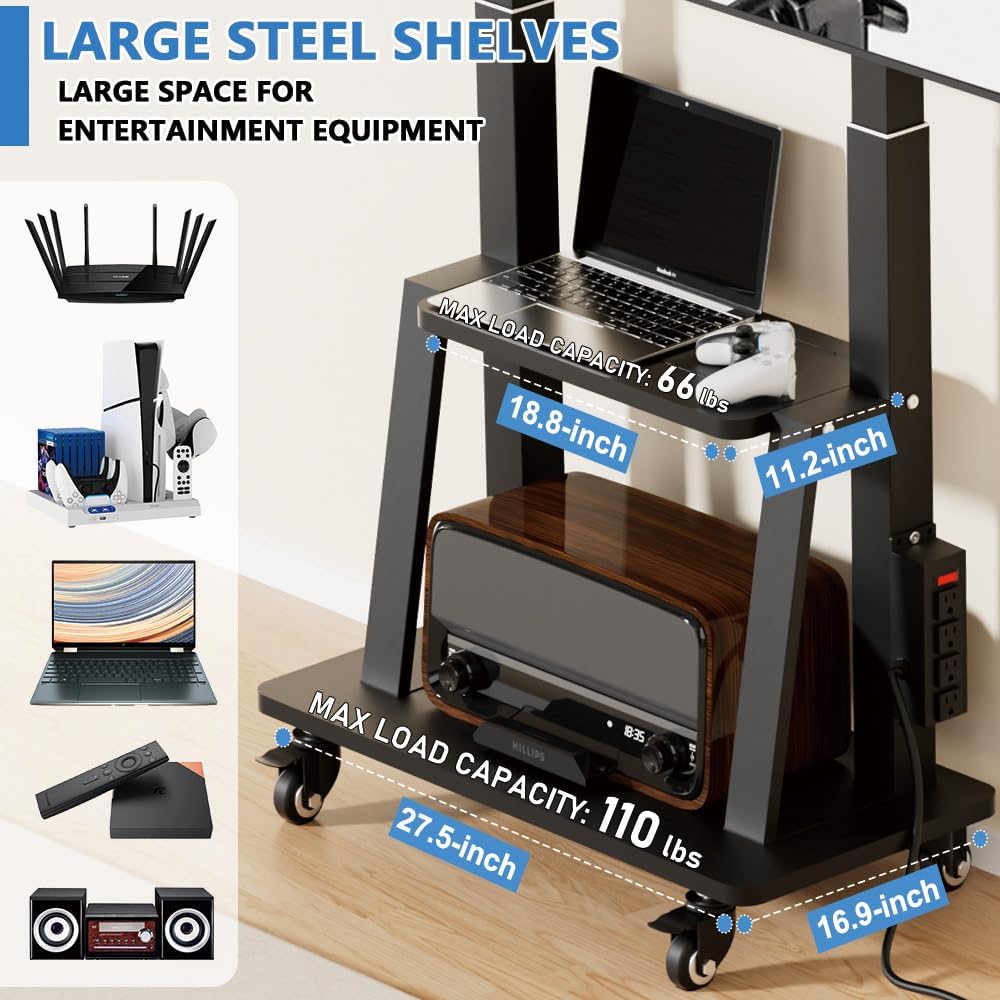Rolling TV Stand with Power Outlet for 32 to 65 70 75 83 inch TV | Easy Insta...