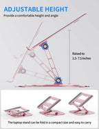 Adjustable Laptop Stand with 360 Rotating Base, Computer Stand for Laptop Ergonimic Foldable Laptop Riser for Desk Compatible with MacBook Pro/Air Notebook up to 16 Inches,Pink