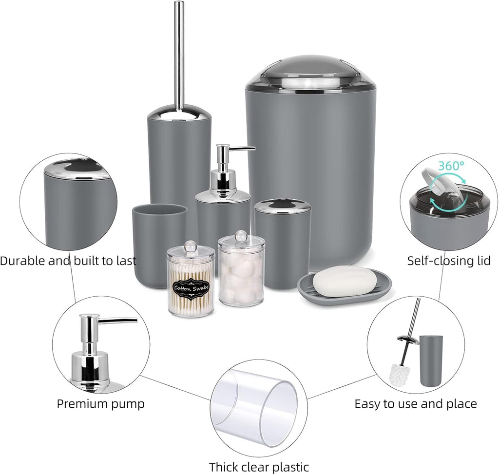 IMAVO Bathroom Accessories Set,Grey Bathroom Set,9 Pieces Bathroom Accessory Set,Tray,Qtip Holders,Toilet Brush,Trash Can for Bathroom Décor and Home Gifts