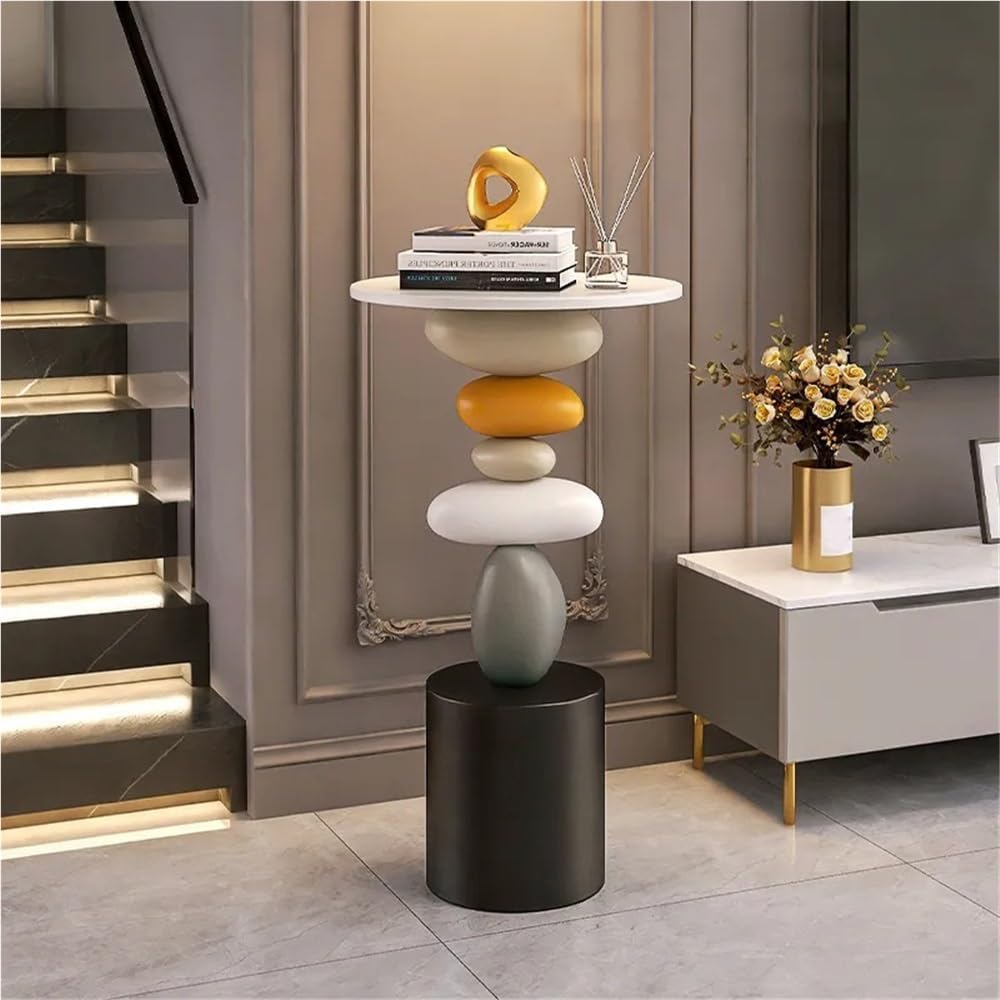 Stone-Shaped Side Table, Resin & Wood End Table, Sofa Side Table for Livi...