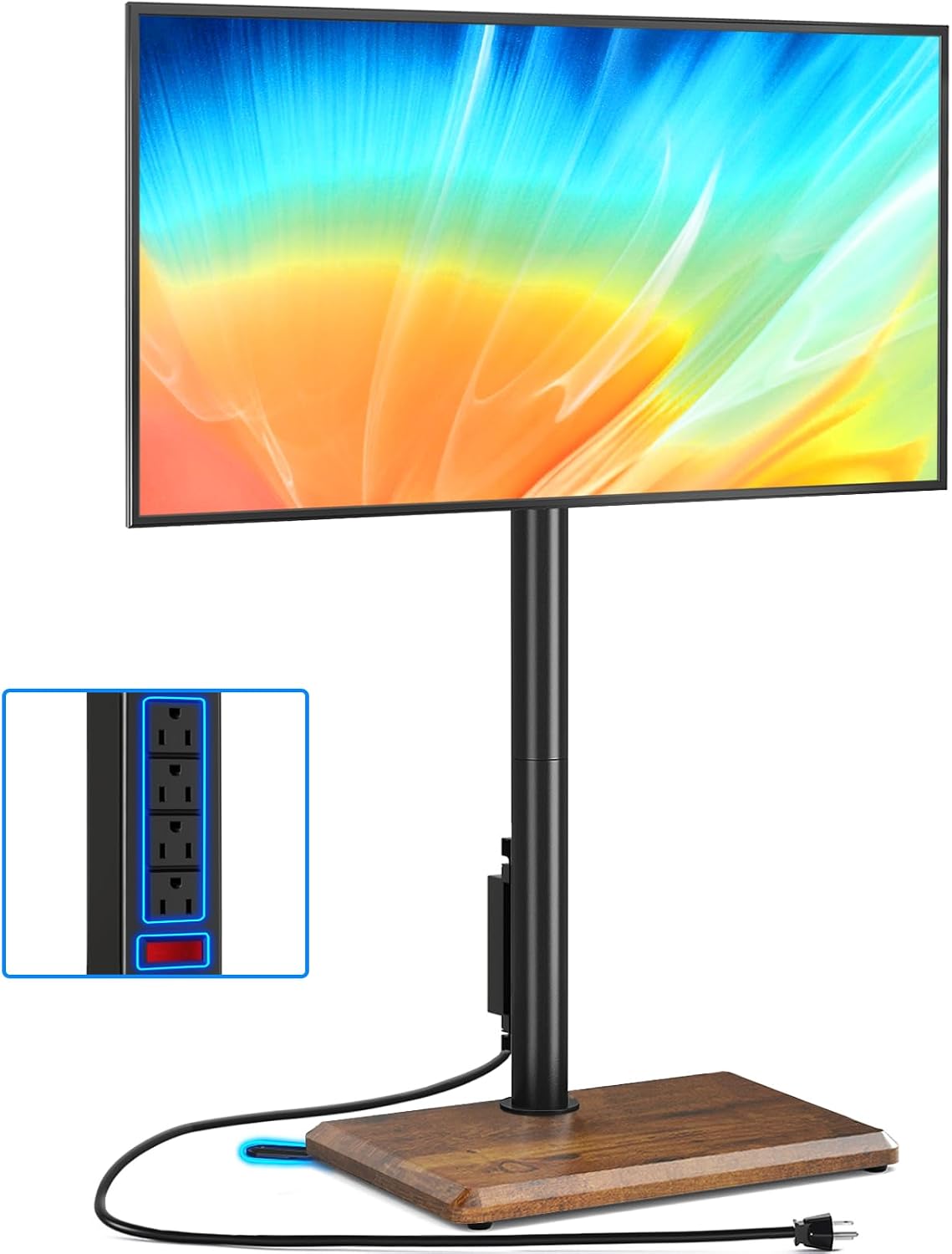 Rfiver Swivel Floor TV Stand with Power Outlet for 32-65 inch TVs, Height Adjustable Tall TV Stand with Wood Base, Hold Up to 88lbs, Saving Space Design for Bedroom, Living Room and Corner (Brown)