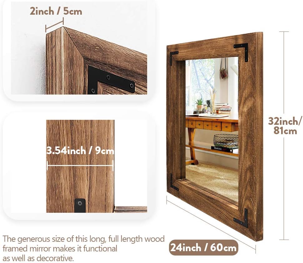 YOSHOOT Rustic Wooden Framed Wall Mirror, Natural Wood Bathroom Vanity Mirror...