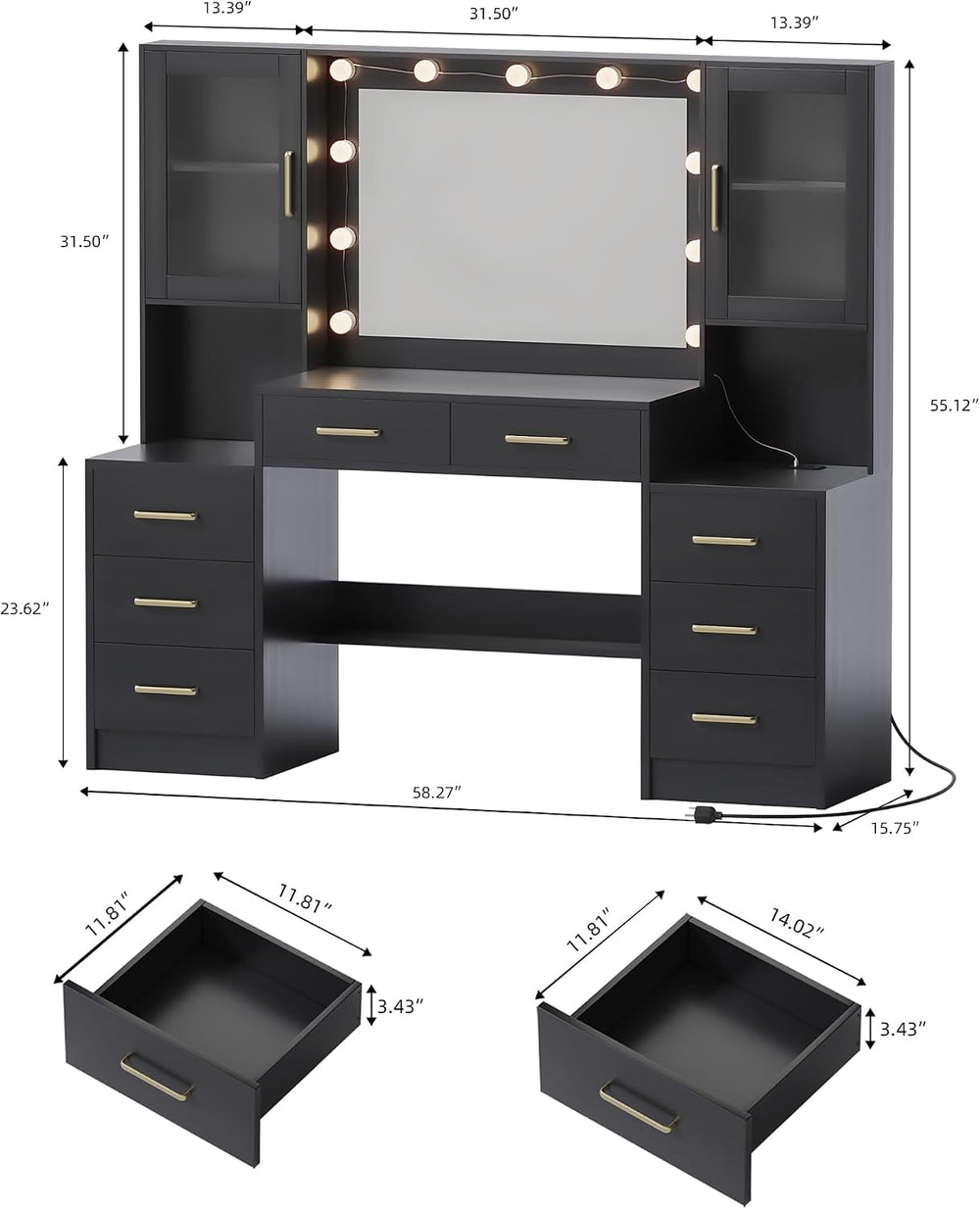 Makeup Vanity Desk with Mirror and Lights, 58.3" Makeup Vanity with Ligh...