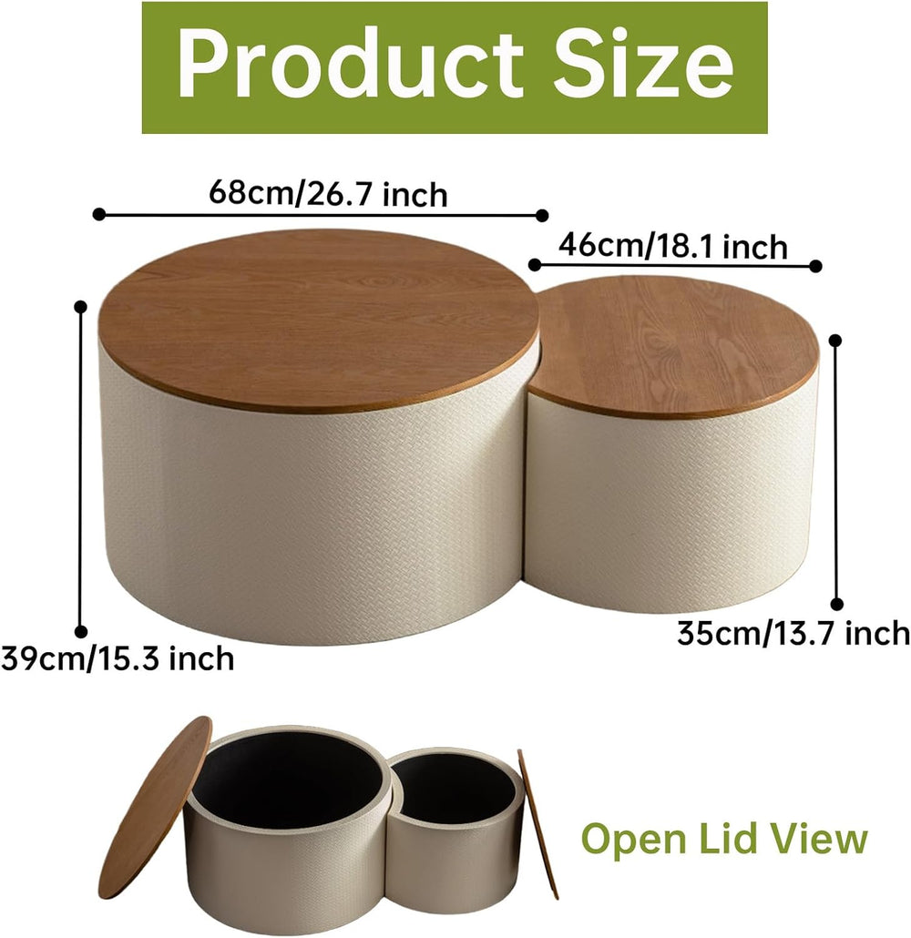 26" Round Nesting Coffee Table Set of 2 with Storage, H | Flip-Top Lid, ...