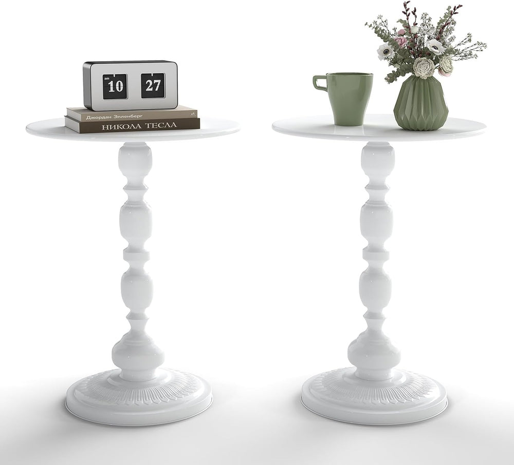 White Side Tables Set of 2 with Metal Pedestal Round End Tables for Small Spa...