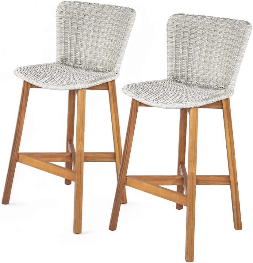 Saiveina Lymington Outdoor Bar Stool, Teak Finished Wood with Light Grey Wick...