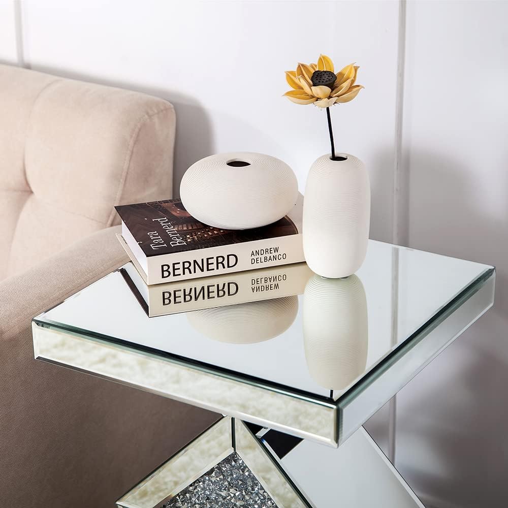 SHYFOY Glass End Tables Living Room, Glam Square Mirrored Side Table with Cru...