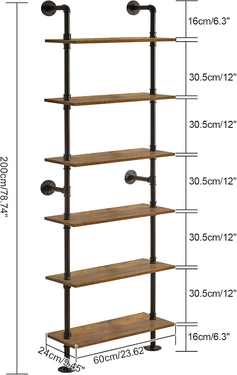YMYNY Industrial Pipe Ladder Shelf, 6-Tier Wall Mounted Bookcase with Metal Frame, 78.7" Open Bookshelf, Multifunctional Storage Rack for Home Office, Living Room, Plant Stand, Rustic Brown, RF-TM018
