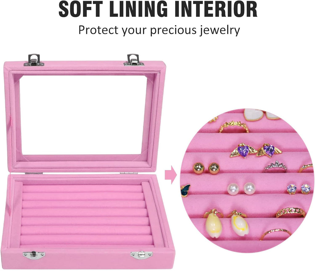 Vicoter Rings Organizer Tray 7 Slots Velvet Jewelry Earring Storage Box with Transparent lid Jewelry Display Case for Girls Wife Mom Women (Pink)