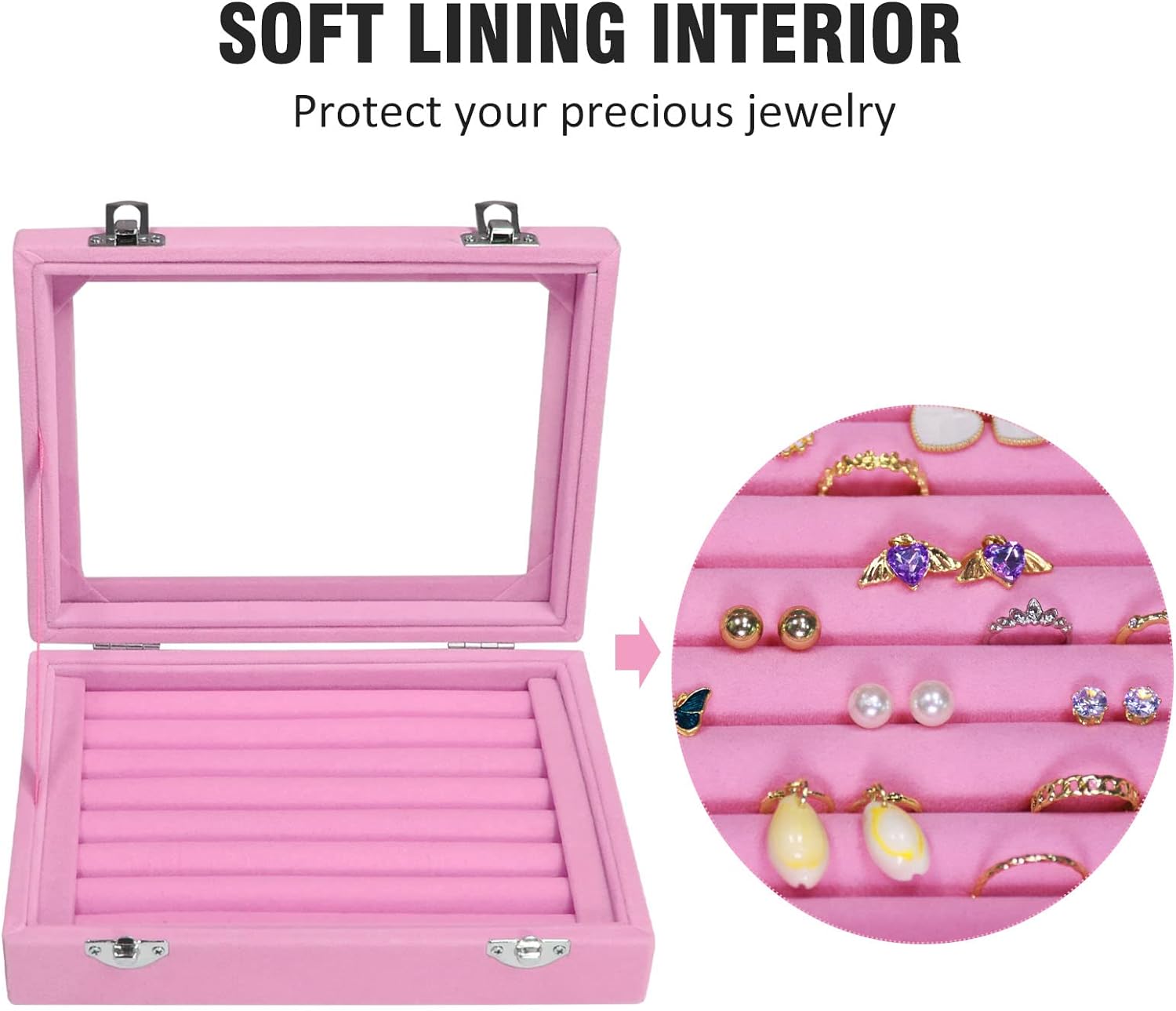 Vicoter Rings Organizer Tray 7 Slots Velvet Jewelry Earring Storage Box with Transparent lid Jewelry Display Case for Girls Wife Mom Women (Pink)