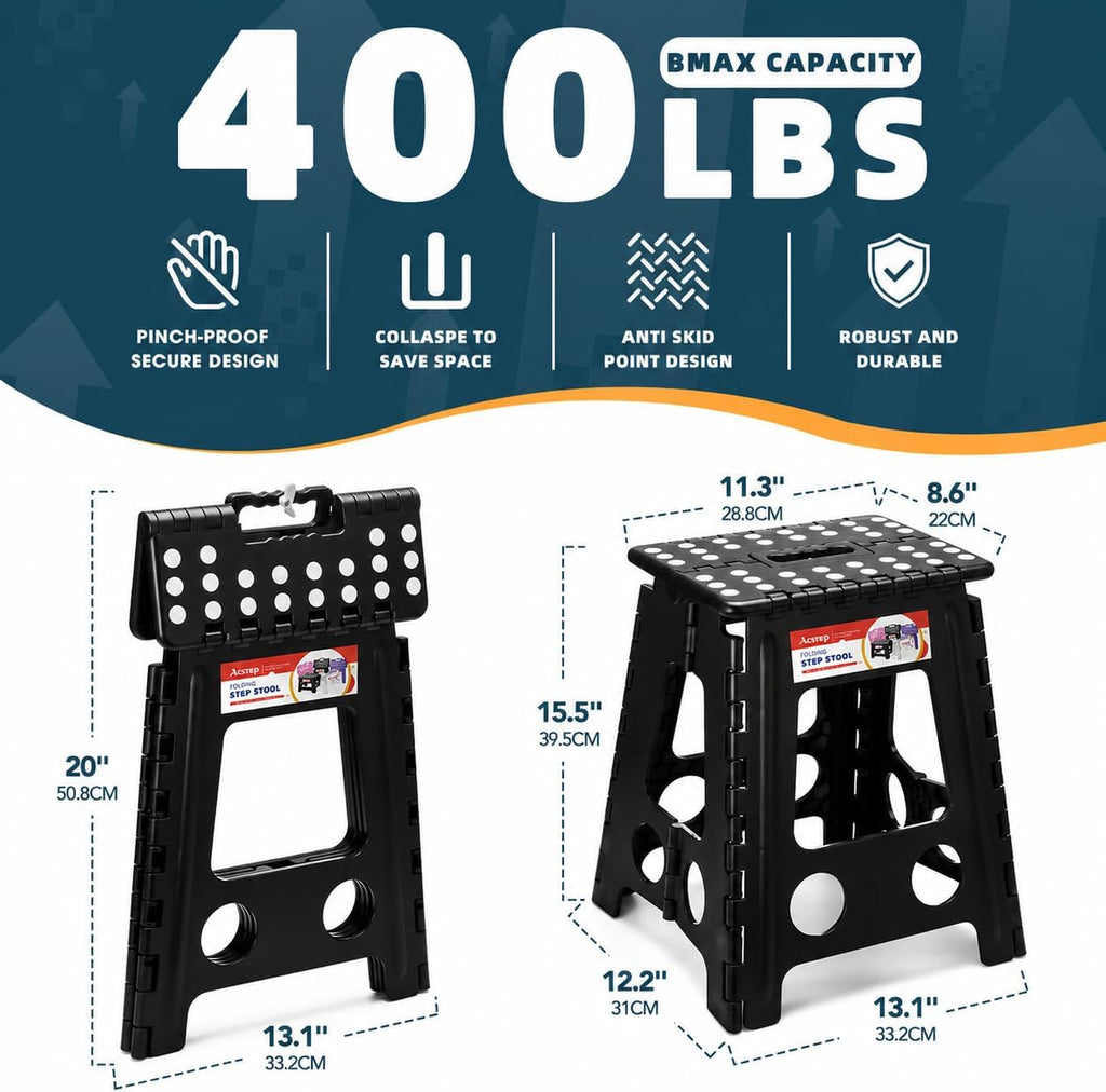ACSTEP 16 Inch Folding Step Stool 2 Pack, 400 LB Capacity Plastic Foldable Stools with Handle, Non-Slip Step Stool for Kids and Adults, Home Use (Black & White)