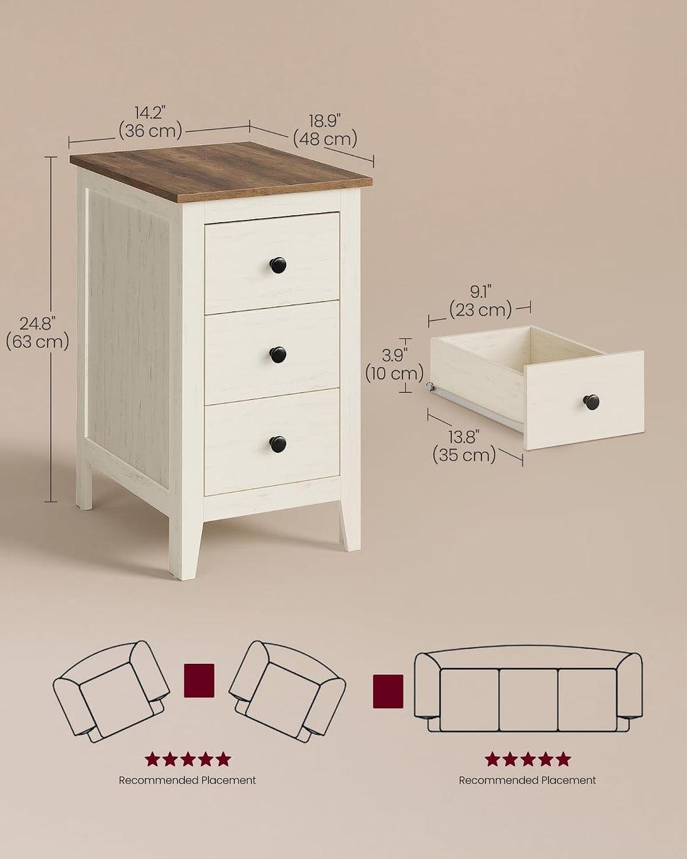 VASAGLE Side End Table with 3 Storage Drawers, Nightstand Farmhouse
