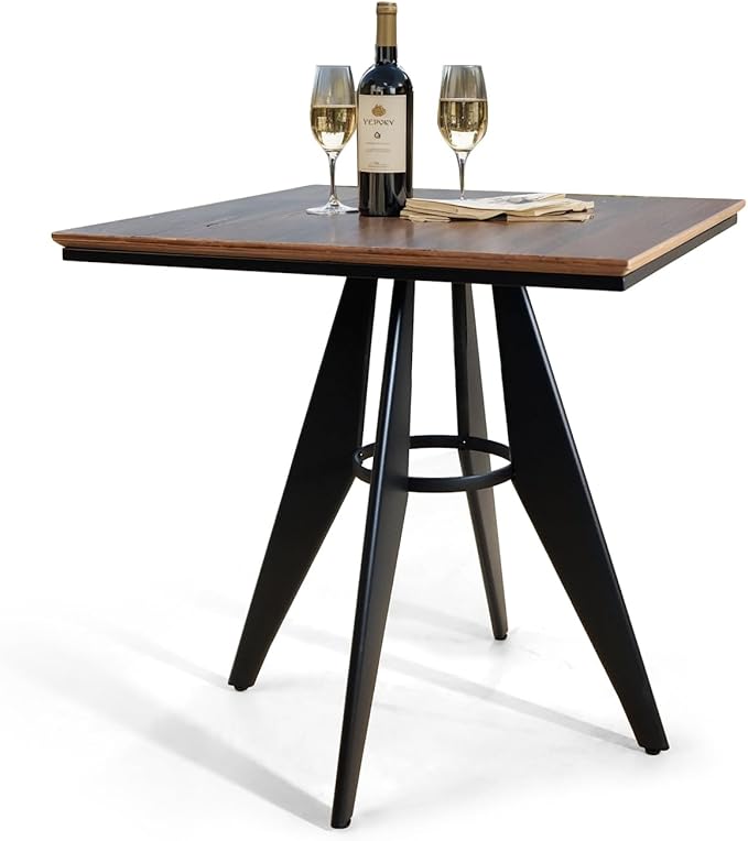 Square Cafe Table - 23.62" Oak Wood Top, Metal Frame, 28.15" High, Modern Industrial Dining Table for Kitchen, Home Office, Bistro, Compact for Space Saving