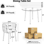 Silver Glass Round Dining Set for 4, 36'' Modern Minimalist Luxury Circle Dinner Room Set, 5 Piece Clear Glass Circular Kitchen Table with Ivory Woven Chair Set, for Small Apartment Home