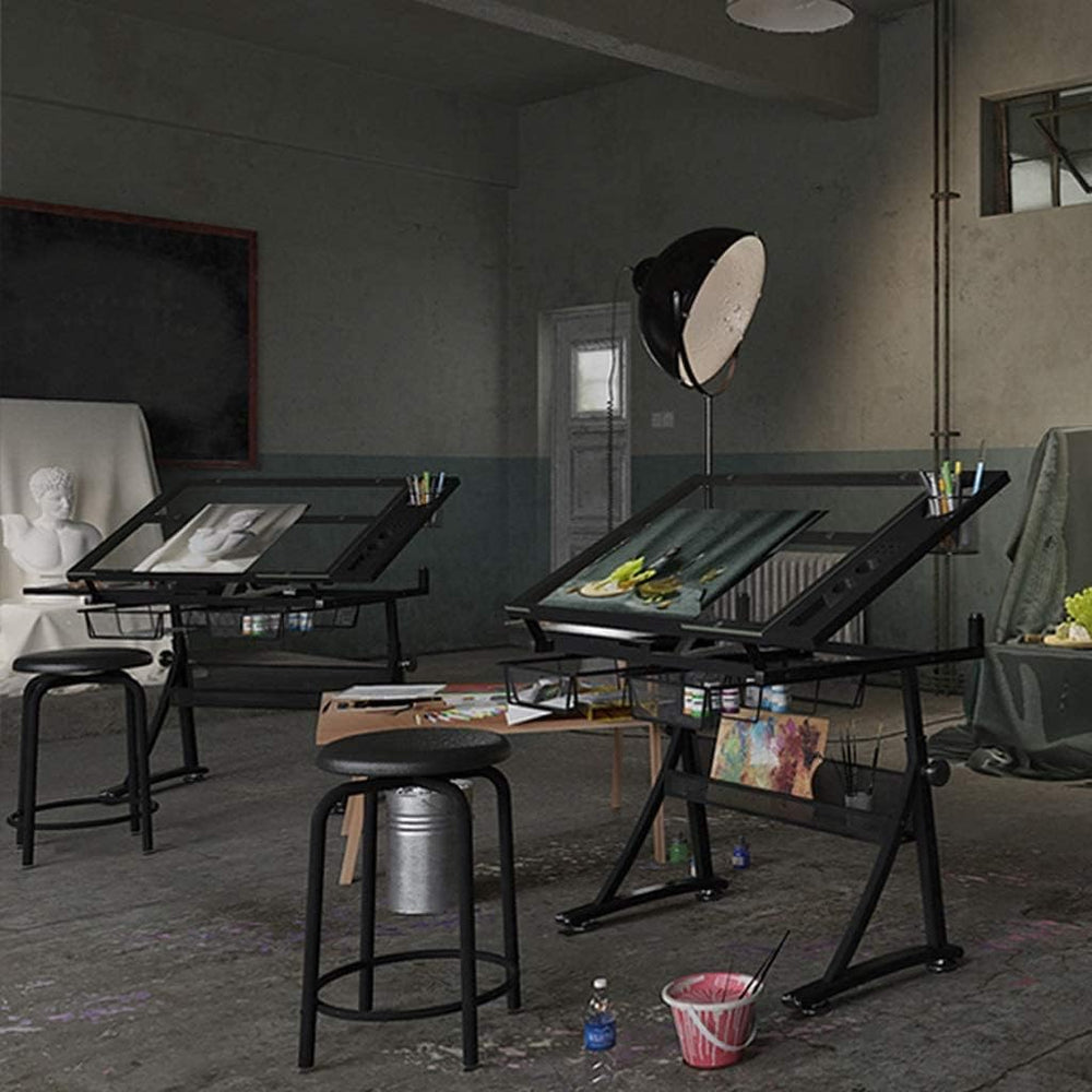 Black Drafting Table with Storage, Height Adjustable Tiltable Art Desk, Glass...