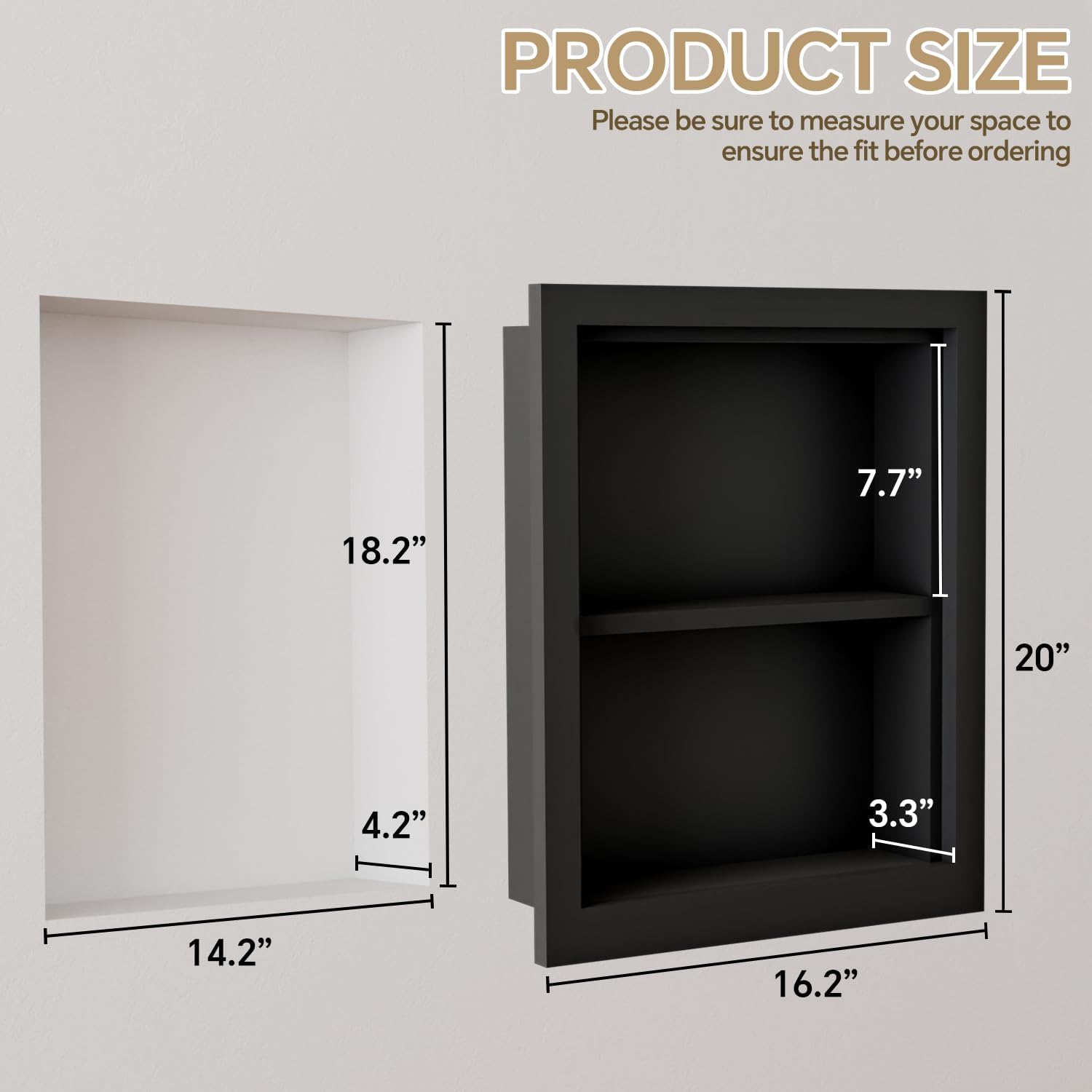 Solid Wood 14 X 18 Recessed Medicine Cabinet,2-Tier, Medicine Cabinet Organizer,Wall Niche, Bathroom Wall Cabinet Black