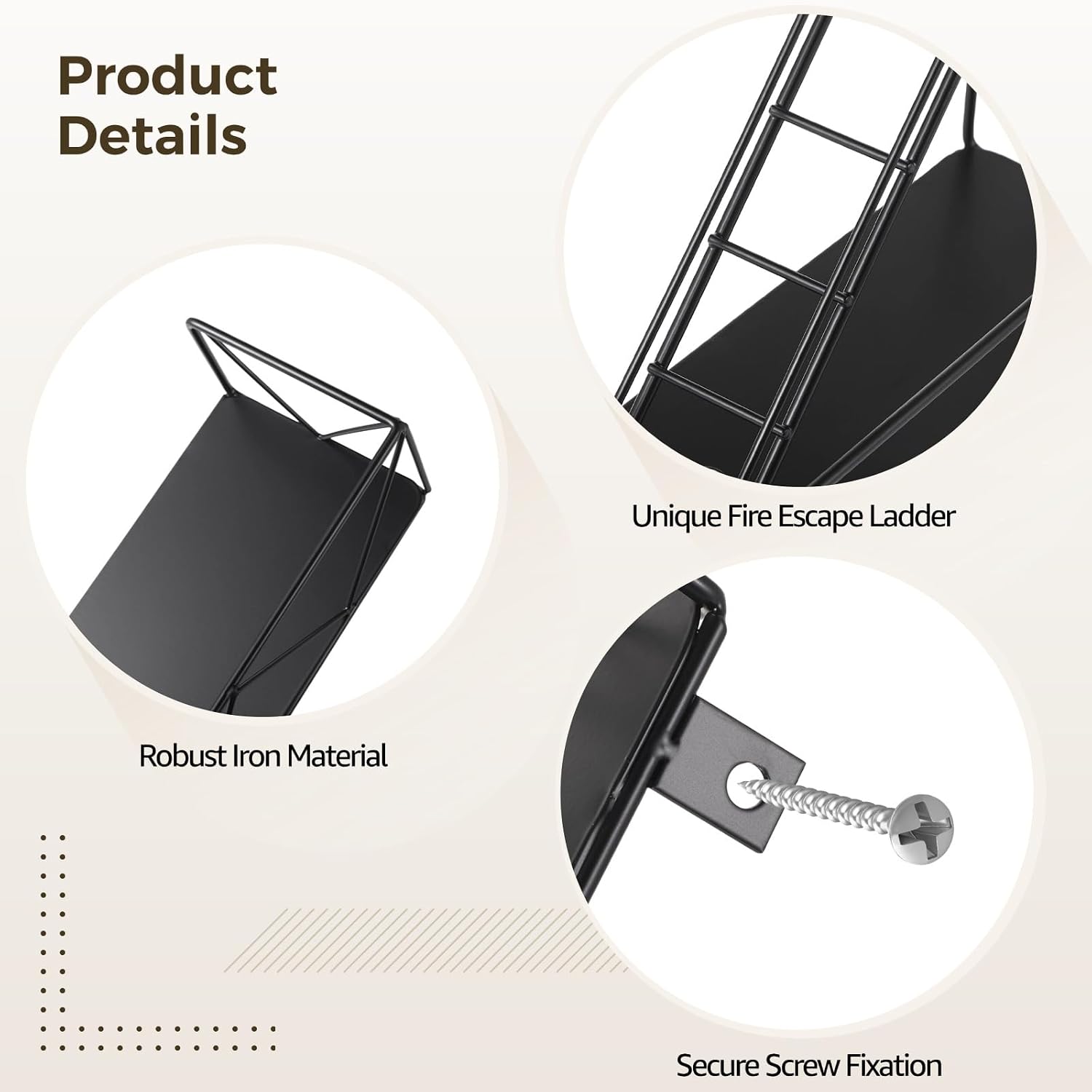 Fire Escape Wall Shelf, 3 Tier Black Metal Hanging Ladder Decor, Iron Display Shelf, Floating Wall Organizer, Includes Installation Screws and Instructions for Easy Setup