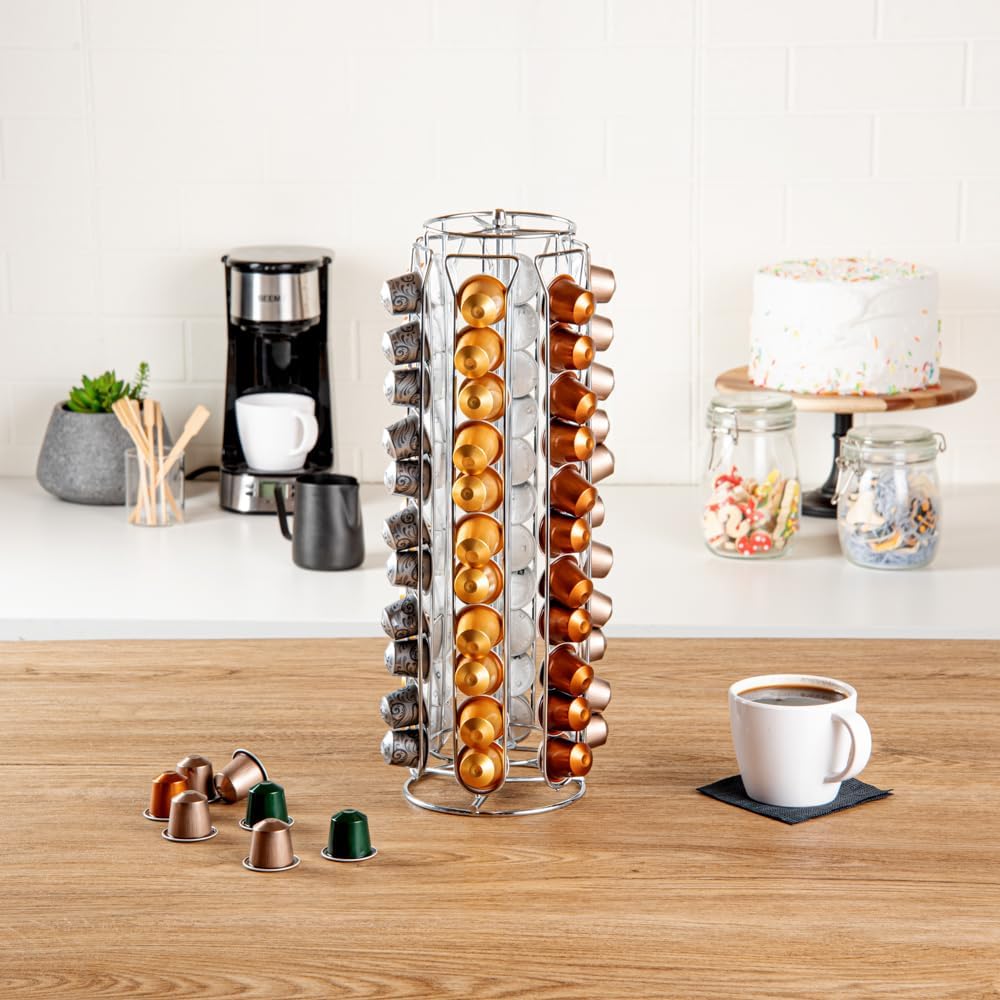 Restaurantware Restpresso 5.1 x 16.3 Inch Coffee Capsule Holder 1 Durable Pod Carousel - Holds 60 Nespresso Capsules 360-Degree Rotatable Iron Espresso Pod Organizer Pods Not Included