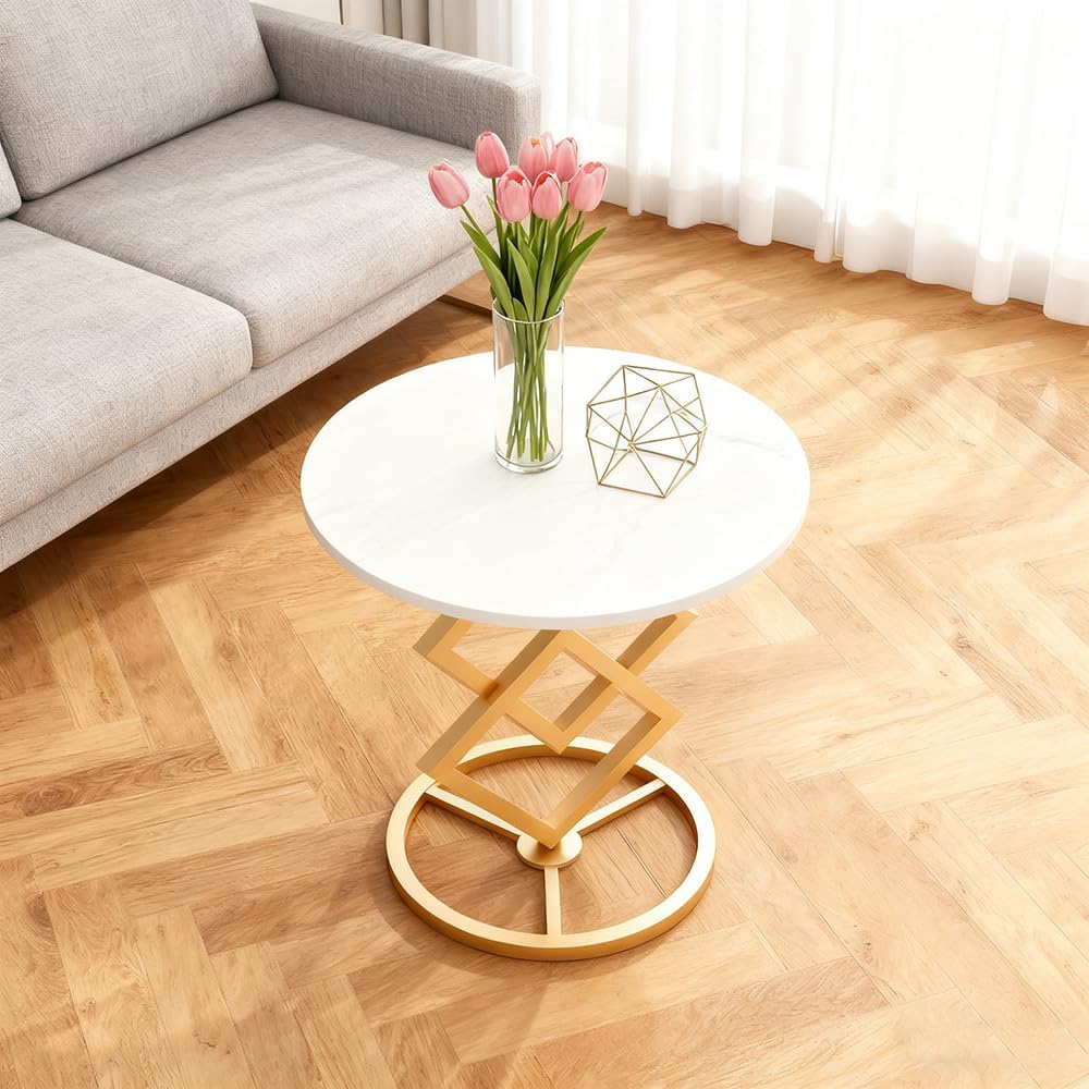 Boho Round Side Table Living Room, Luxurious Marble Desktop end Tables with S...