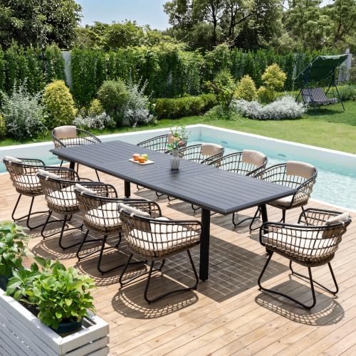Pellebant 11 Piece Outdoor Dining Set for 10, Aluminum Table & Wicker Chair