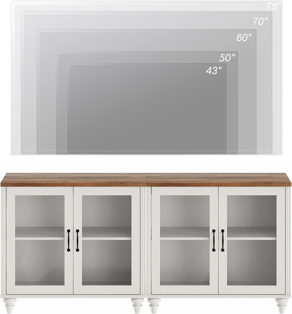 WAMPAT White TV Stand for 75 inch TV with 4 Glass Doors, Morden Wood Universal TV Cabniet with Ample Storage Cabinets, Farmhouse Entertainment Center TV Console Table for Living Room, Bedroom, 68"