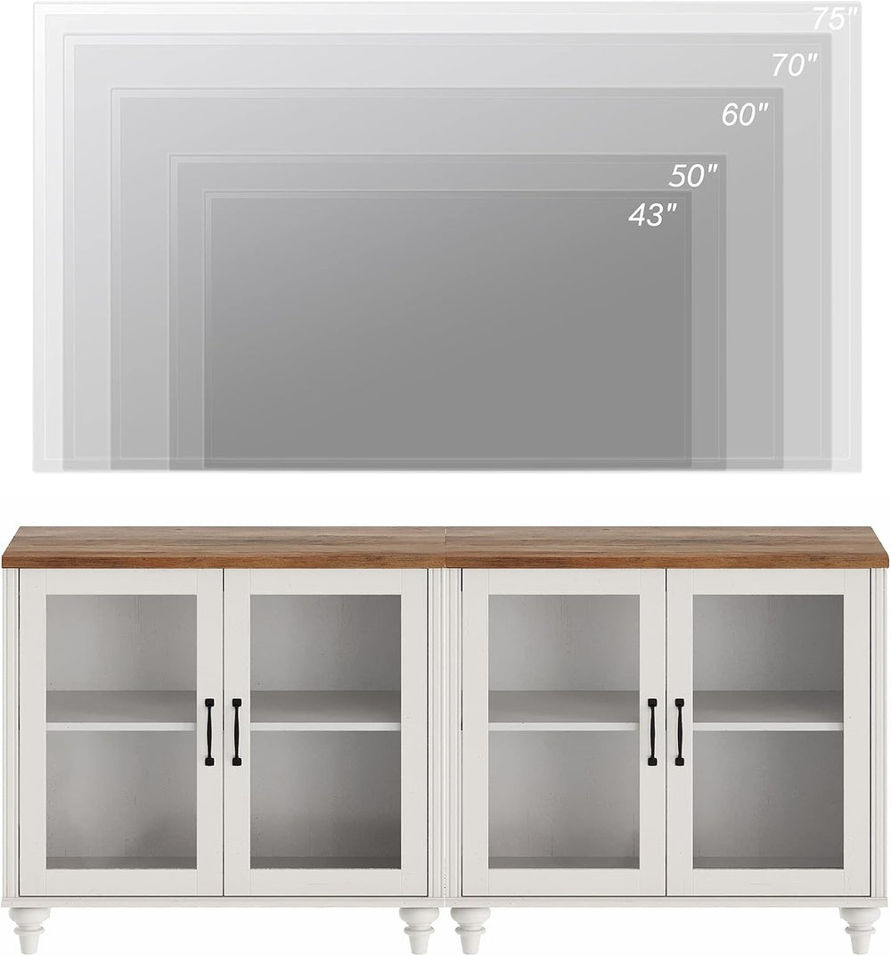 WAMPAT Farmhouse TV Stand for 75 inch TV with 4 Glass Doors, Wood TV Stand wi...