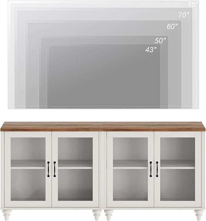 WAMPAT Entertainment Center with Bookshelves with Glass Doors & Drawer, Farmhouse Wall Unit TV Stand for TVs up to 75", Media Console Table for Living Room, Bedroom & Home Theater, White